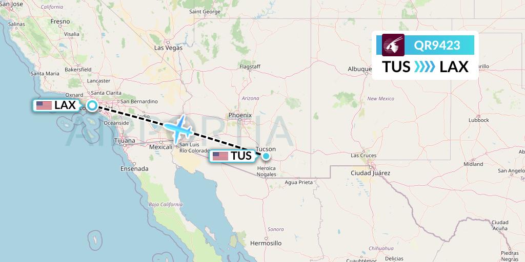 QR9423 Qatar Airways Flight Map: Tucson to Los Angeles