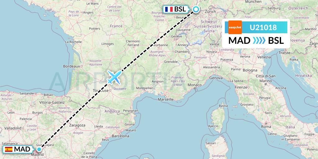 U21018 EasyJet Flight Map: Madrid to Basel