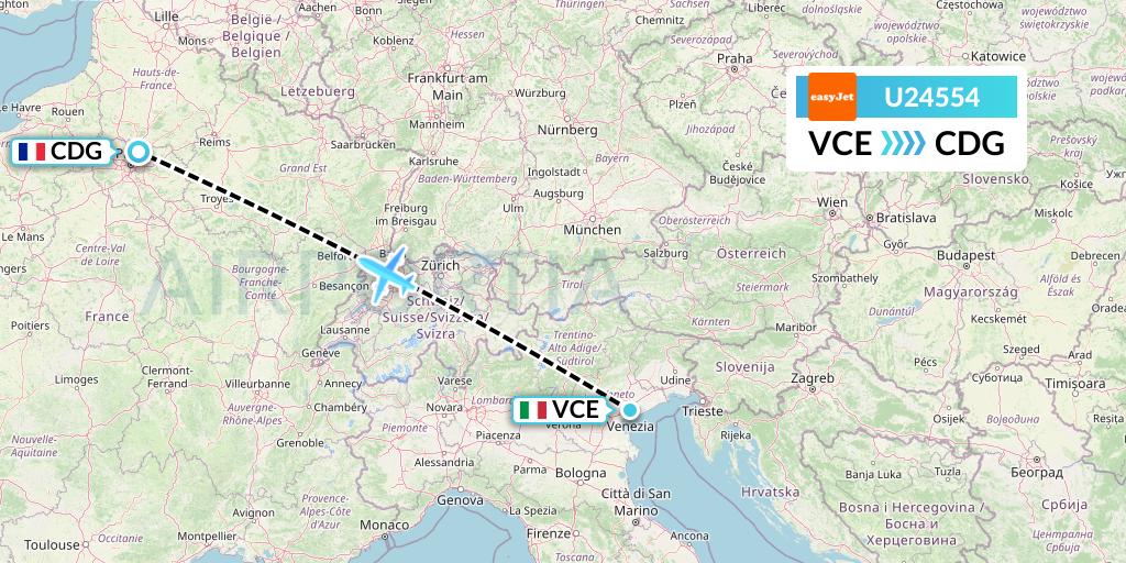 U24554 EasyJet Flight Map: Venice to Paris