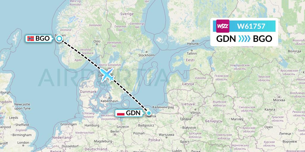 W61757 Wizz Air Flight Map: Gdansk to Bergen