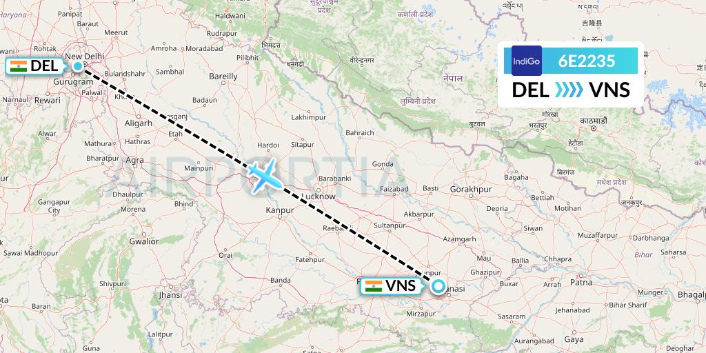 6E2235 IndiGo Airlines Flight Map: Delhi to Varanasi
