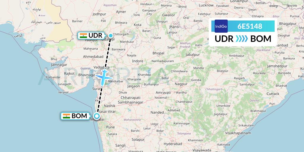 6E5148 IndiGo Airlines Flight Map: Udaipur to Mumbai