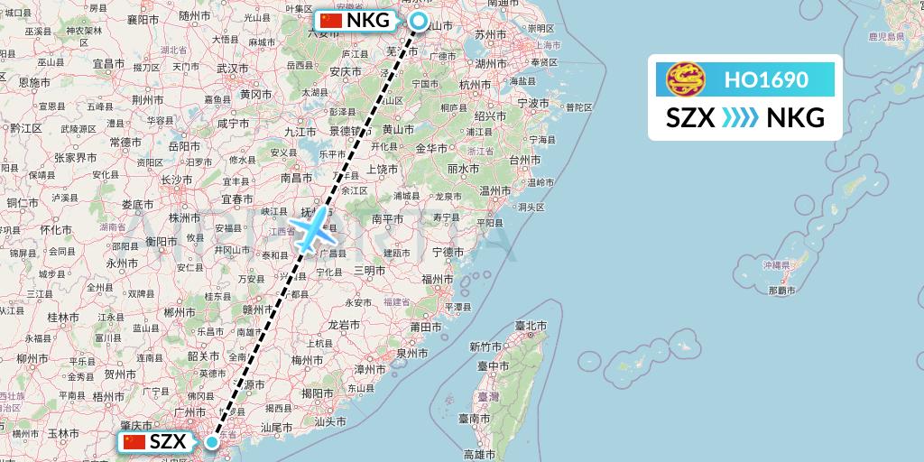 HO1690 Juneyao Airlines Flight Map: Shenzhen to Nanjing