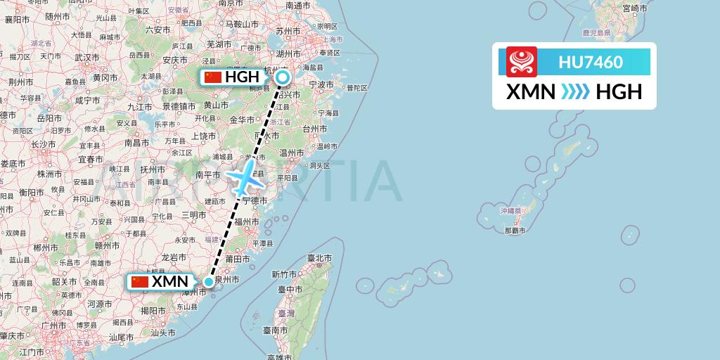 HU7460 Hainan Airlines Flight Map: Xiamen to Hangzhou