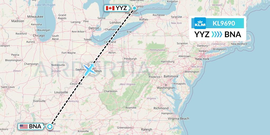 KL9690 KLM Flight Map: Toronto to Nashville