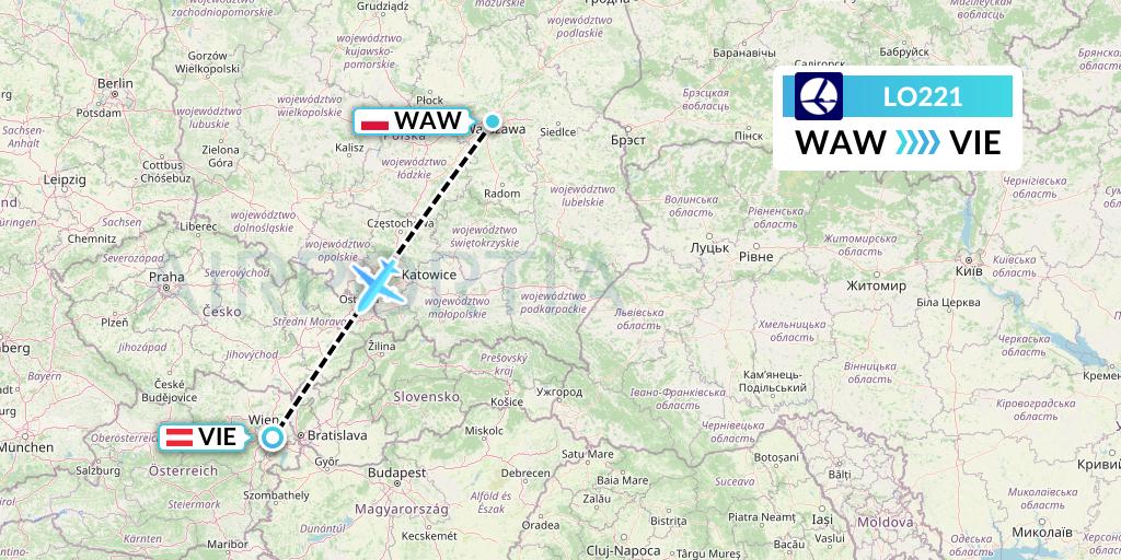 LO221 LOT Flight Map: Warsaw to Vienna