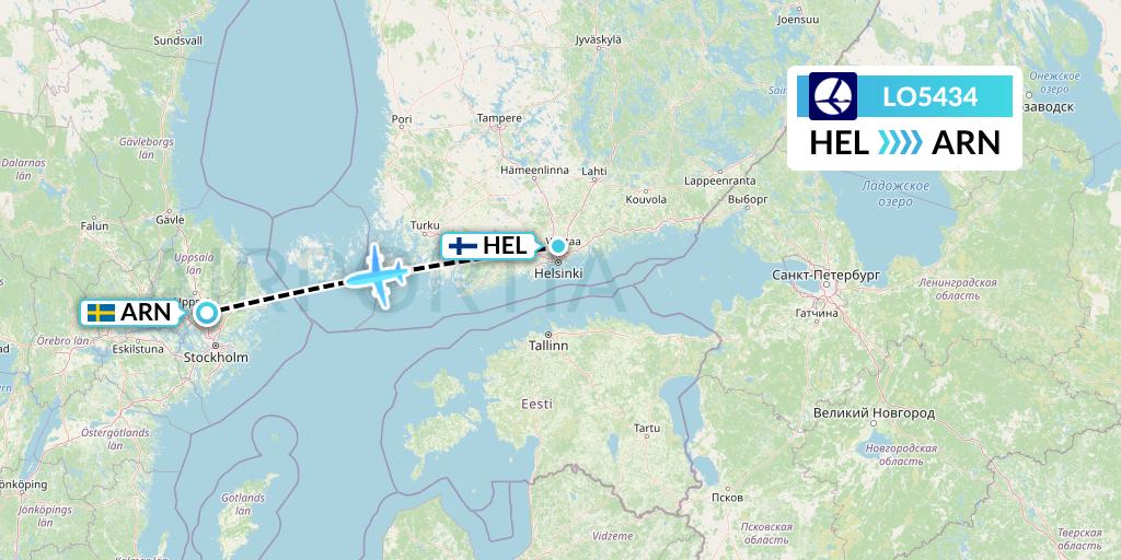 LO5434 LOT Flight Map: Helsinki to Stockholm