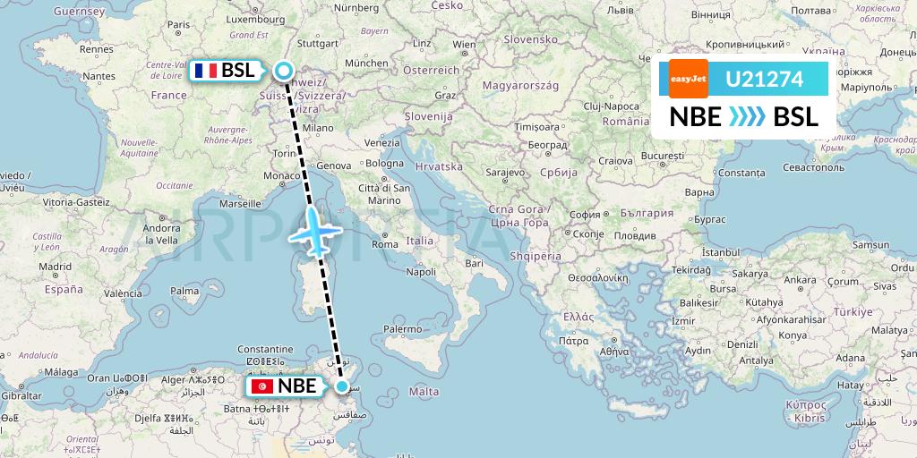 U21274 EasyJet Flight Map: Enfidha to Basel
