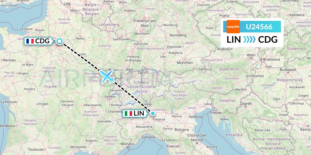 U24566 EasyJet Flight Map: Milan to Paris