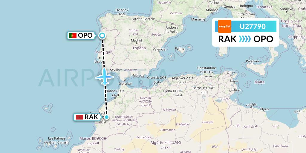 U27790 EasyJet Flight Map: Marrakesh to Porto