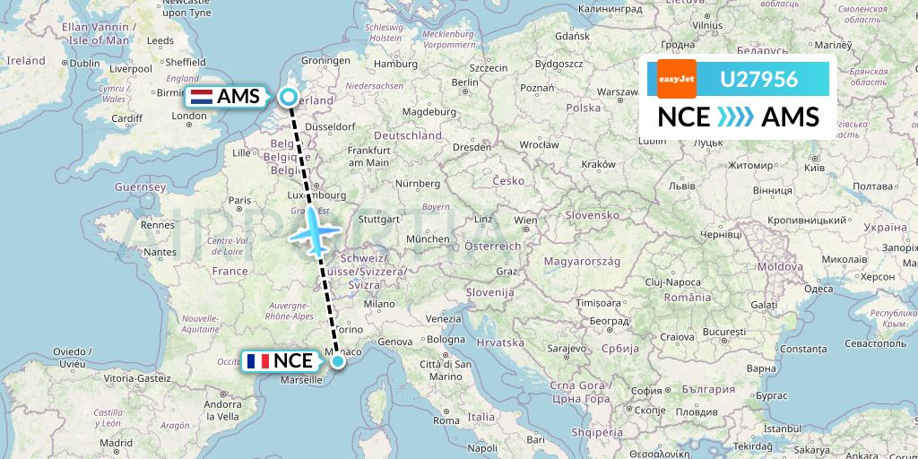 U27956 EasyJet Flight Map: Nice to Amsterdam
