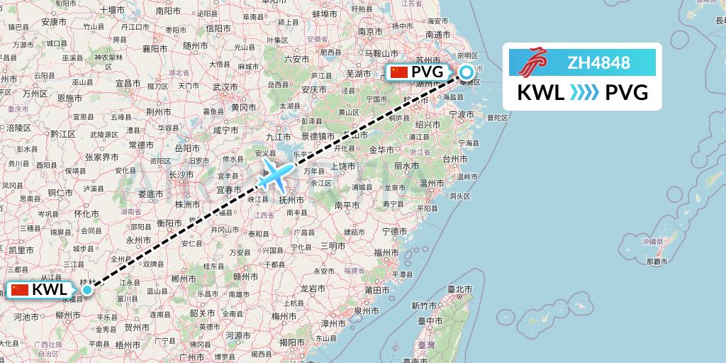 ZH4848 Shenzhen Airlines Flight Map: Guilin to Shanghai
