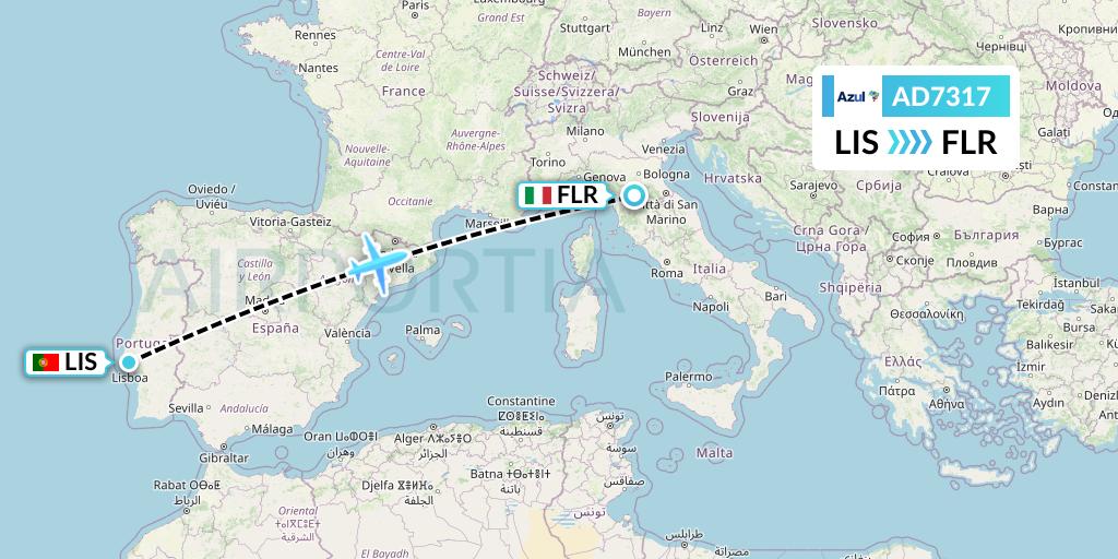 AD7317 Azul Brazilian Airlines Flight Map: Lisbon to Florence