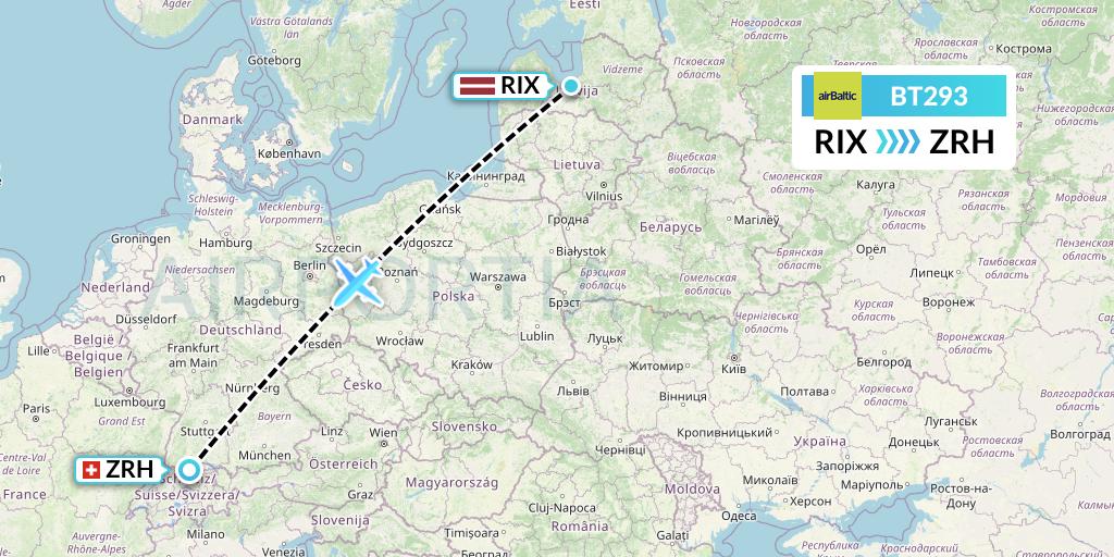 BT293 Air Baltic Flight Map: Riga to Zurich