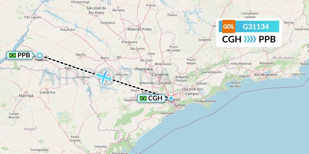 G31134 GOL Transportes Aeros Flight Map: Sao Paulo to Presidente Prudente