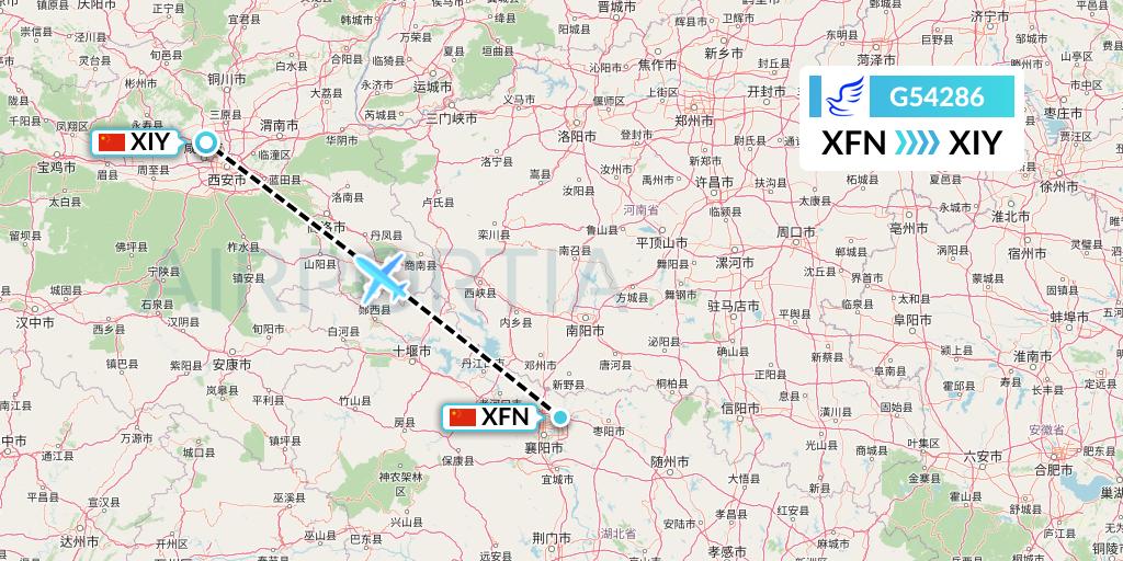 G54286 China Express Airlines Flight Map: Xiangyang to Xi'an