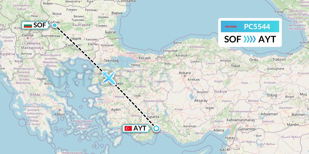 PC5544 Pegasus Airlines Flight Map: Sofia to Antalya