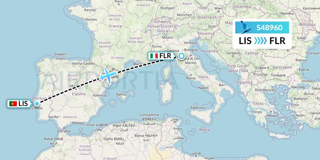 S48960 Azores Airlines Flight Map: Lisbon to Florence