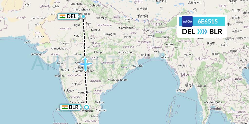 6E6515 IndiGo Airlines Flight Map: Delhi to Bangalore
