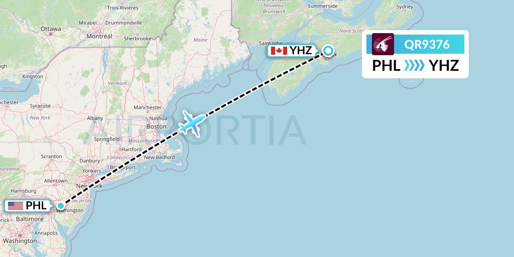 QR9376 Qatar Airways Flight Map: Philadelphia to Halifax