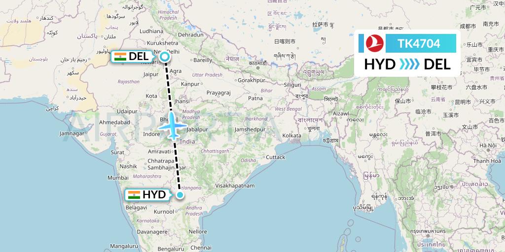 TK4704 Turkish Airlines Flight Map: Hyderabad to Delhi