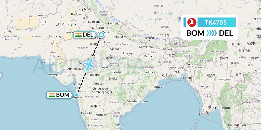 TK4735 Turkish Airlines Flight Map: Mumbai to Delhi