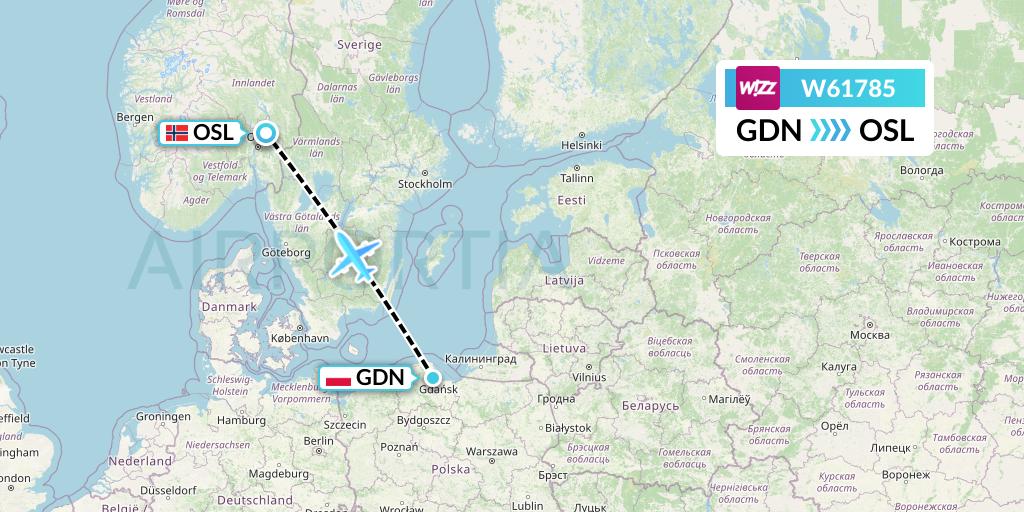 W61785 Wizz Air Flight Map: Gdansk to Oslo