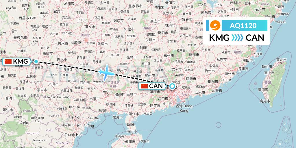 AQ1120 9 Air Flight Map: Kunming to Guangzhou