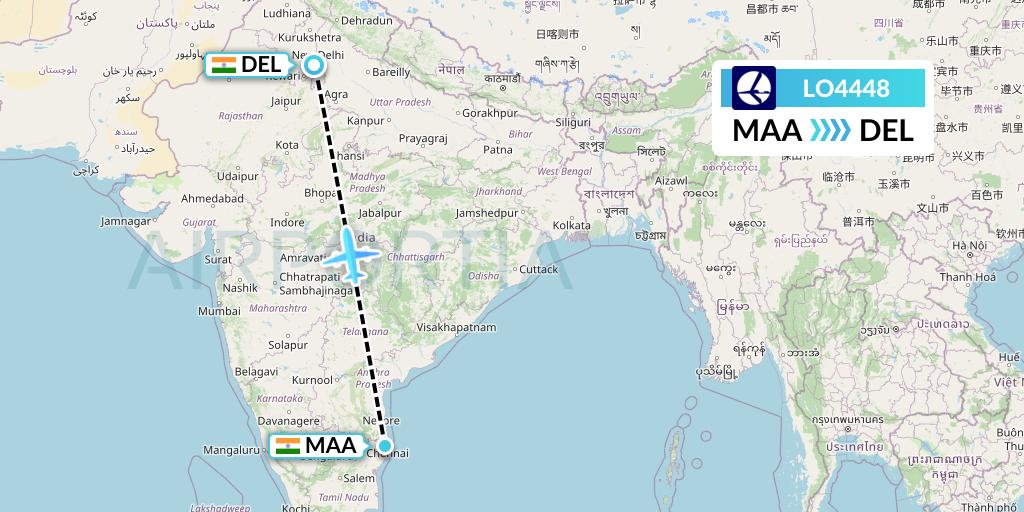 LO4448 LOT Flight Map: Chennai to Delhi