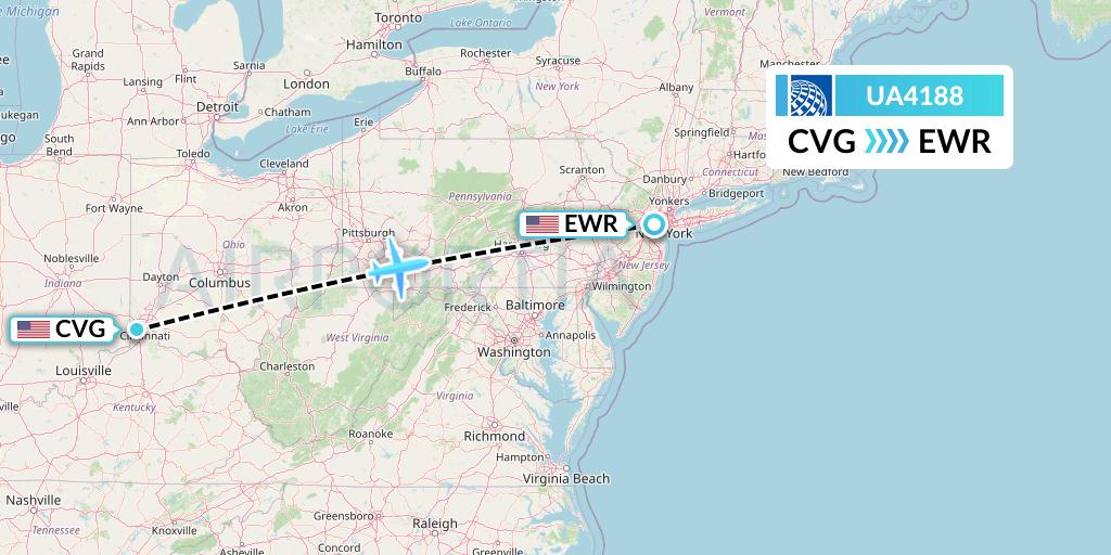 UA4188 United Airlines Flight Map: Cincinnati to New York