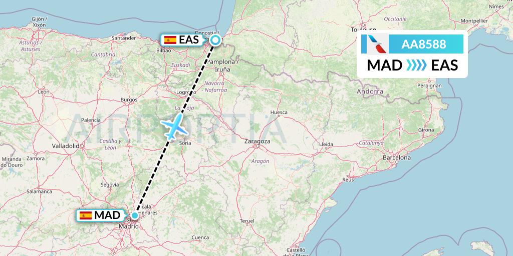 AA8588 American Airlines Flight Map: Madrid to San Sebastian