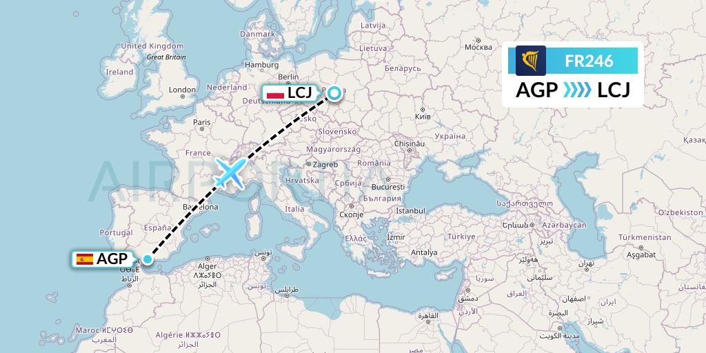 FR246 Ryanair Flight Map: Malaga to Lodz
