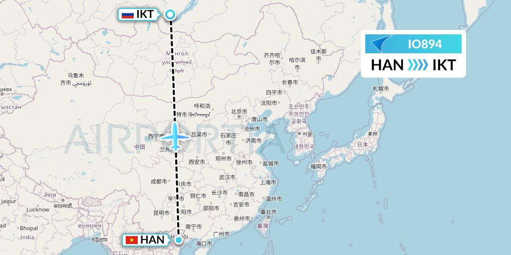 IO894 IrAero Flight Map: Hanoi to Irkutsk