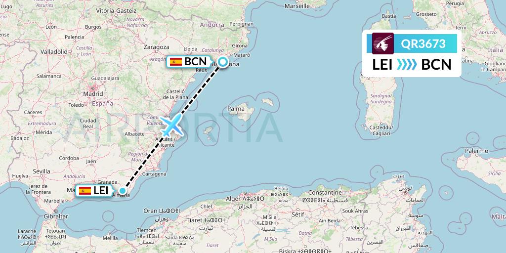 QR3673 Qatar Airways Flight Map: Almeria to Barcelona