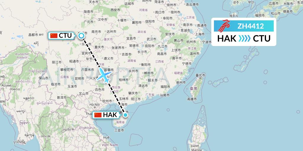 ZH4412 Shenzhen Airlines Flight Map: Haikou to Chengdu