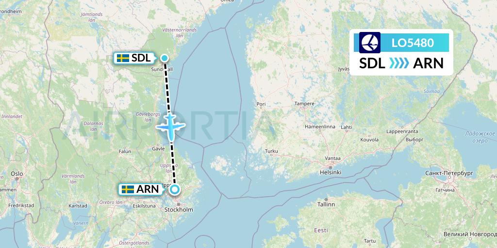 LO5480 LOT Flight Map: Sundsvall to Stockholm