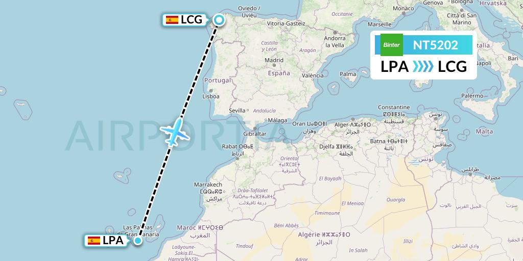 NT5202 Binter Canarias Flight Map: Las Palmas to A Coruna