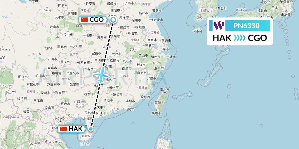 PN6330 China West Air Flight Map: Haikou to Zhengzhou