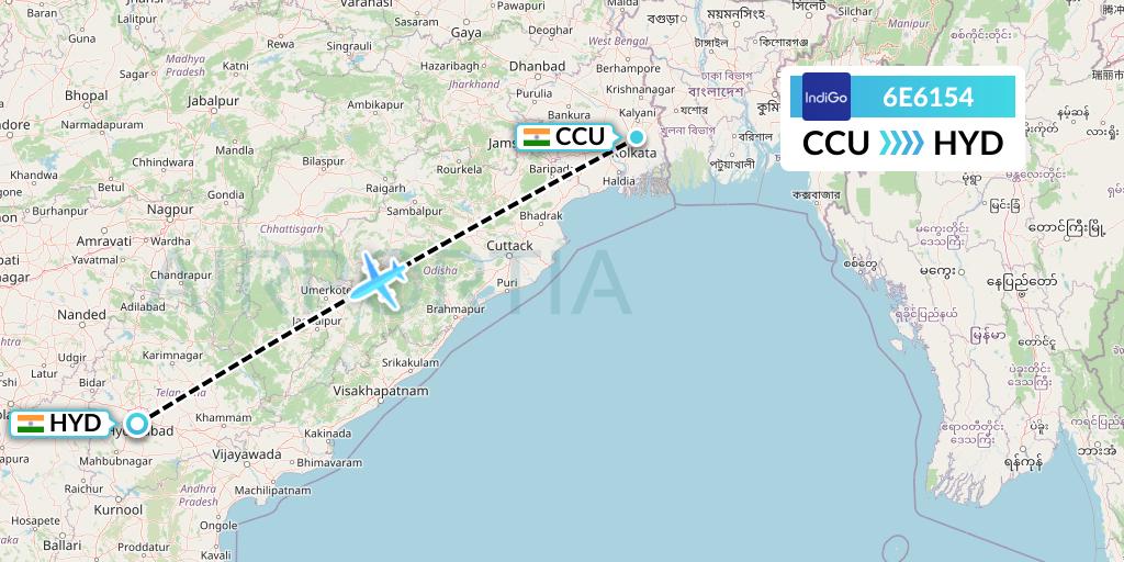 6E6154 IndiGo Airlines Flight Map: Kolkata to Hyderabad