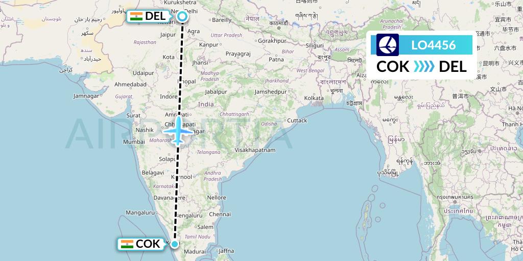 LO4456 LOT Flight Map: Cochin to Delhi