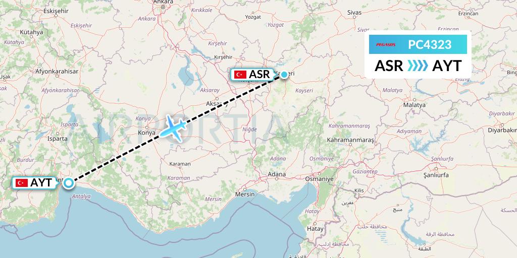 PC4323 Pegasus Airlines Flight Map: Kayseri to Antalya