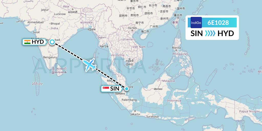 6E1028 IndiGo Airlines Flight Map: Singapore to Hyderabad