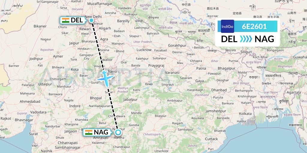 6E2601 IndiGo Airlines Flight Map: Delhi to Nagpur