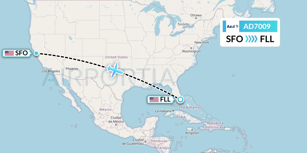 AD7009 Azul Brazilian Airlines Flight Map: San Francisco to Fort Lauderdale