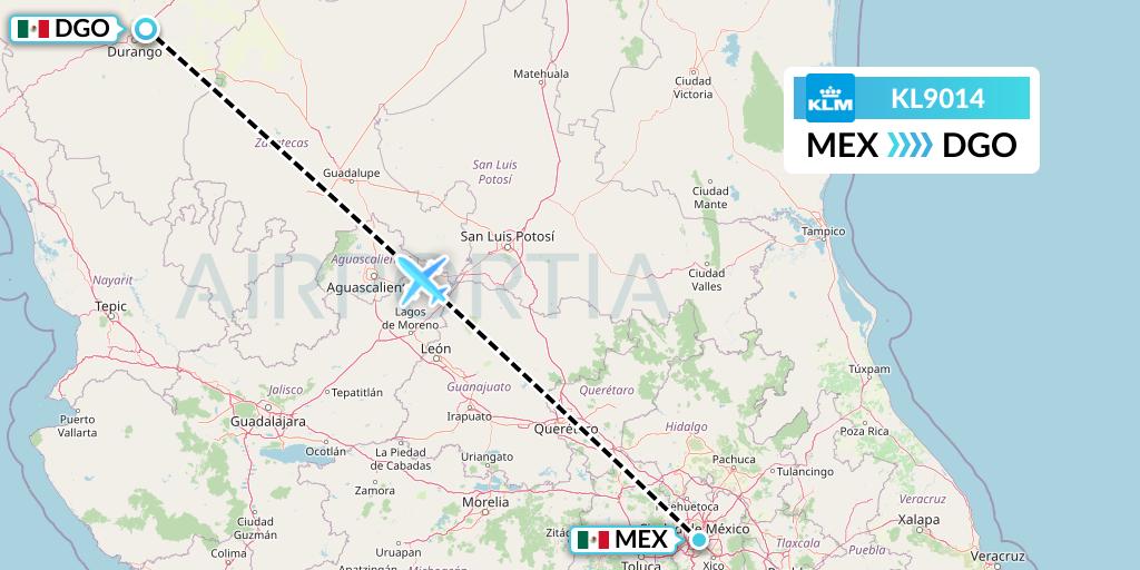 KL9014 KLM Flight Map: Mexico City to Durango