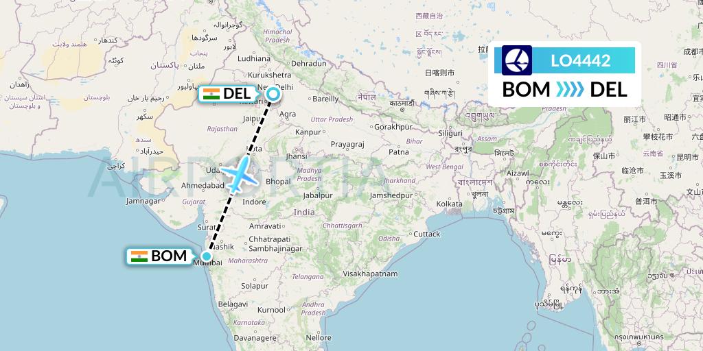 LO4442 LOT Flight Map: Mumbai to Delhi