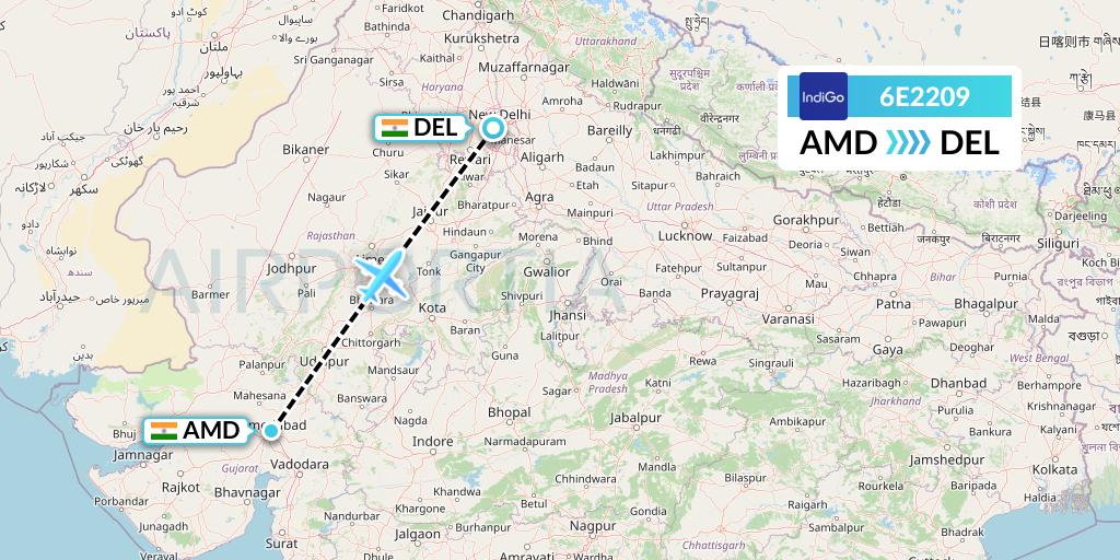 6E2209 IndiGo Airlines Flight Map: Ahmedabad to Delhi