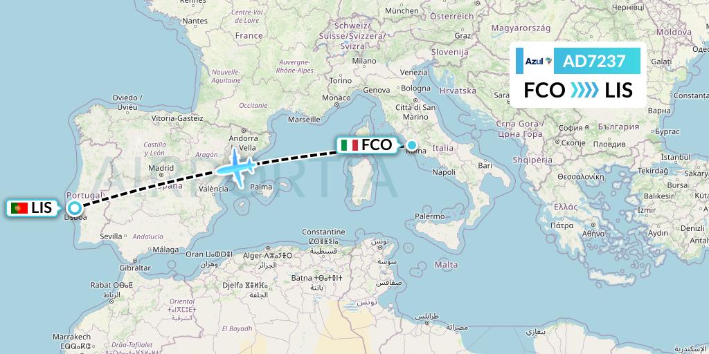 AD7237 Azul Brazilian Airlines Flight Map: Rome to Lisbon