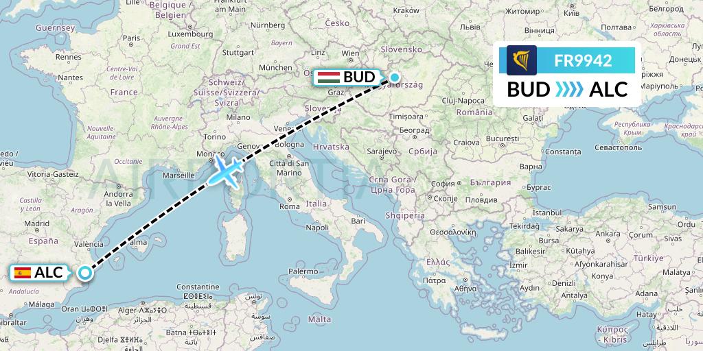 FR9942 Ryanair Flight Map: Budapest to Alicante