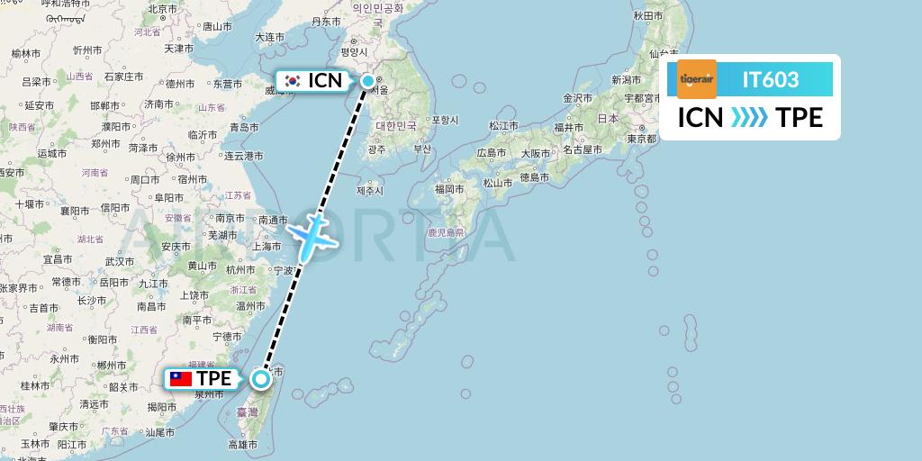 IT603 Tigerair Taiwan Flight Map: Seoul to Taipei
